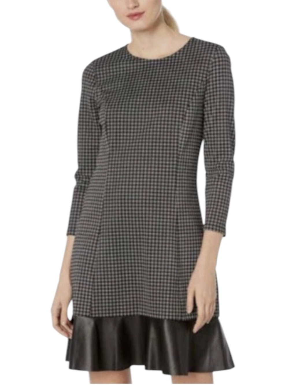 MICHAEL Michael Kors Plaid Shift Dress Size L Faux Leather Flounce Hem Zip Back